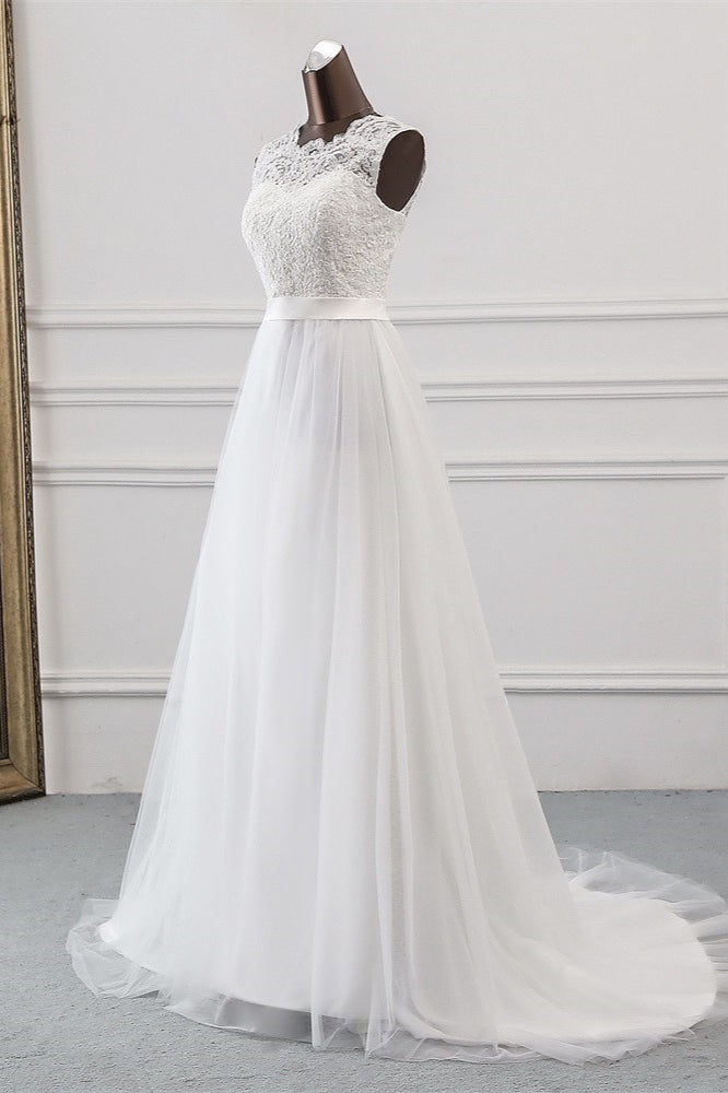 Elegant Tullace Jewel Sleeveless White Wedding Dresses with Appliques