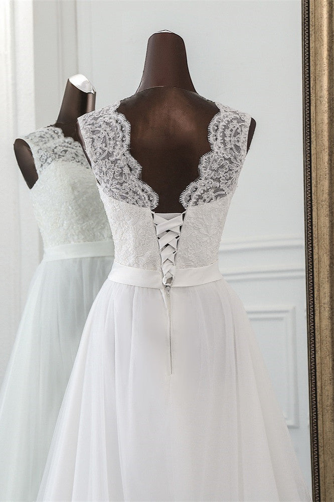 Elegant Tullace Jewel Sleeveless White Wedding Dresses with Appliques