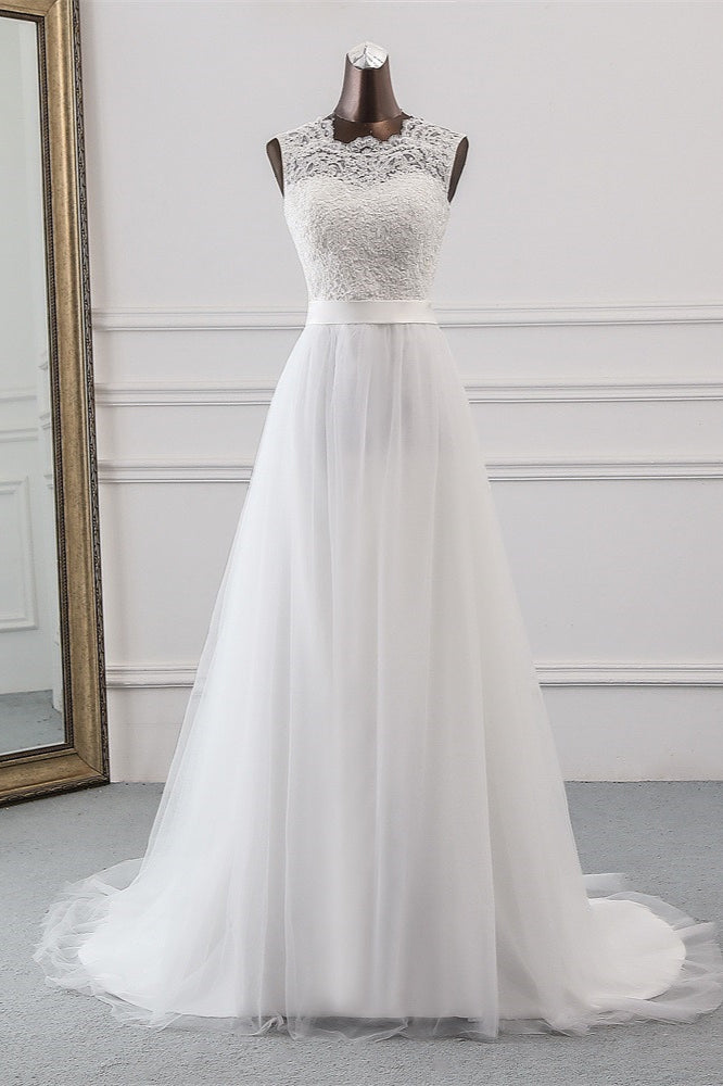 Elegant Tullace Jewel Sleeveless White Wedding Dresses with Appliques