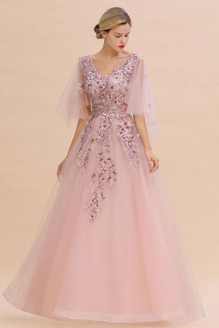 Elegant Tulle A-line Floral Wedding Dress Puffy Long Sleeves Evening Party Dress