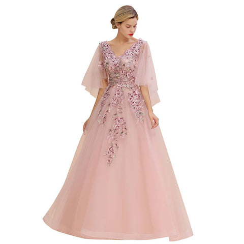 Elegant Tulle A-line Floral Wedding Dress Puffy Long Sleeves Evening Party Dress