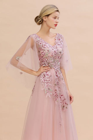 Elegant Tulle A-line Floral Wedding Dress Puffy Long Sleeves Evening Party Dress