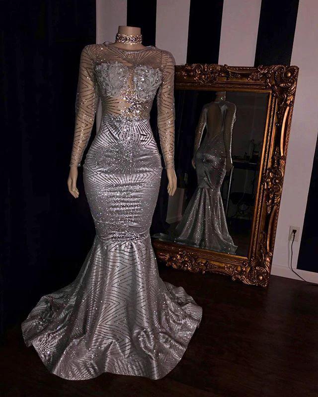 Elegant Tulle Backless Prom Dresses Sliver Long Sleeves Mermaid Evening Gowns by BIZTUNNEL