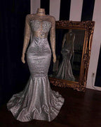 Elegant Tulle Backless Prom Dresses Sliver Long Sleeves Mermaid Evening Gowns by BIZTUNNEL