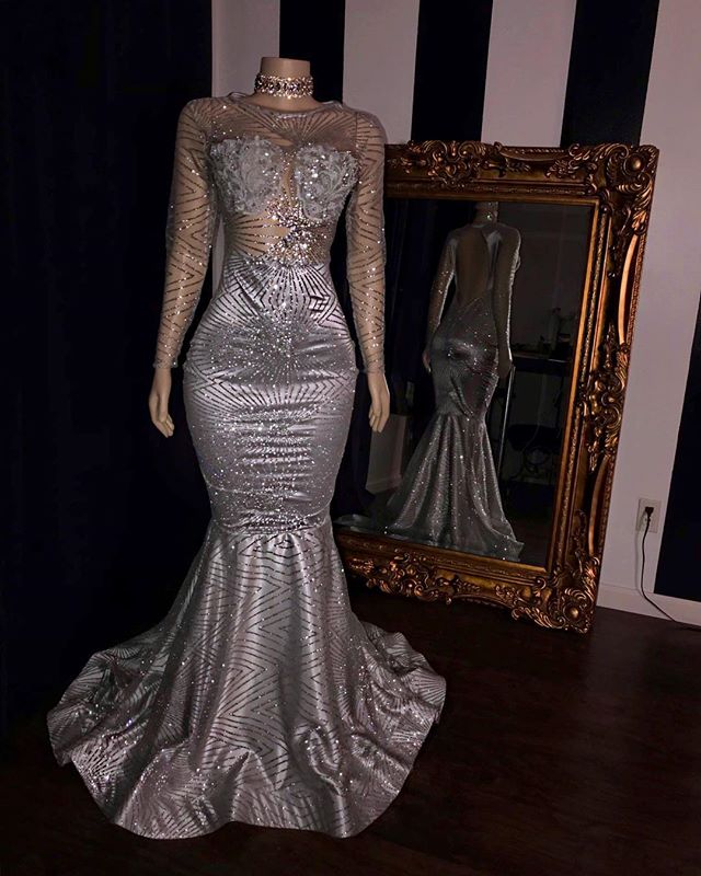 Elegant Tulle Backless Prom Dresses Sliver Long Sleeves Mermaid Evening Gowns Main Image