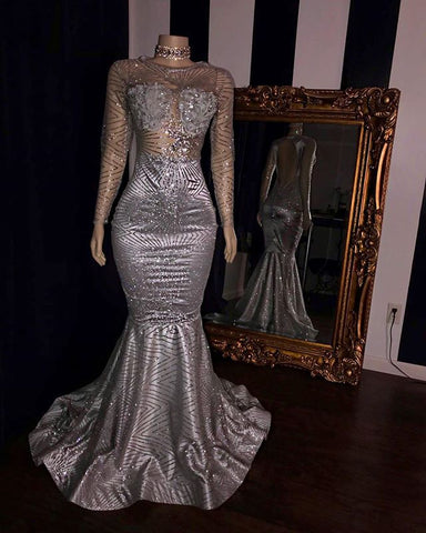 Elegantes vestidos de fiesta de tul sin espalda, mangas largas plateadas, vestidos de noche de sirena