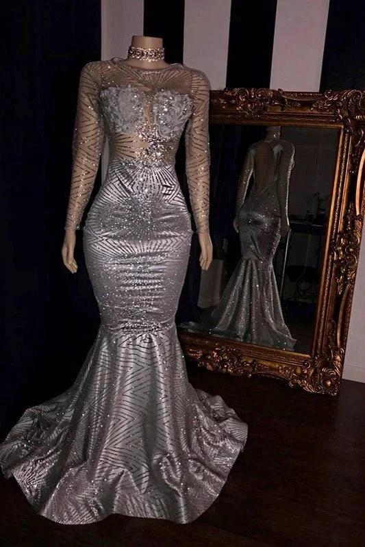 Elegant Tulle Backless Prom Dresses Sliver Long Sleeves Mermaid Evening Gowns by BIZTUNNEL