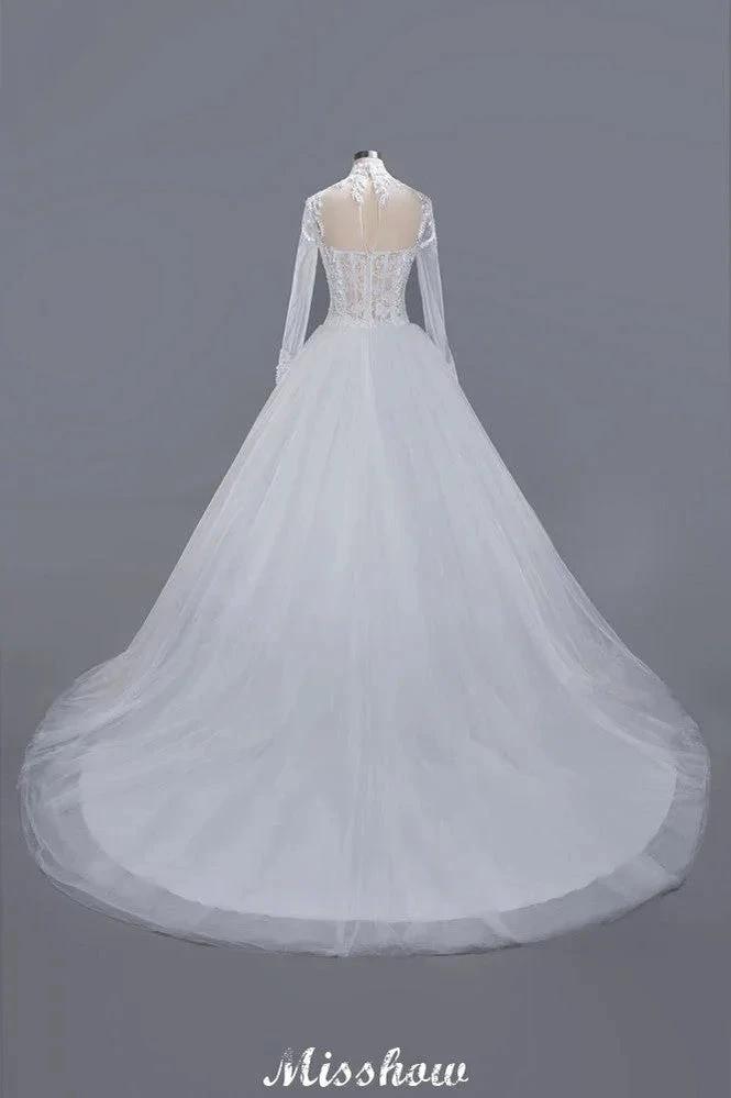 Elegant Tulle Lace Ball Gown High Neck Long Sleeves Floor Length Wedding Dress by misshow.com