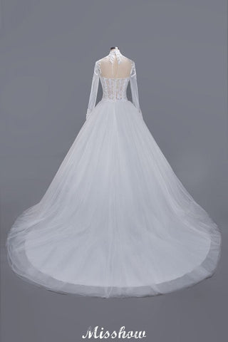 Elegant Tulle Lace Ball Gown High Neck Long Sleeves Floor Length Wedding Dress