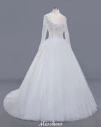 Elegant Tulle Lace Ball Gown High Neck Long Sleeves Floor Length Wedding Dress by misshow.com