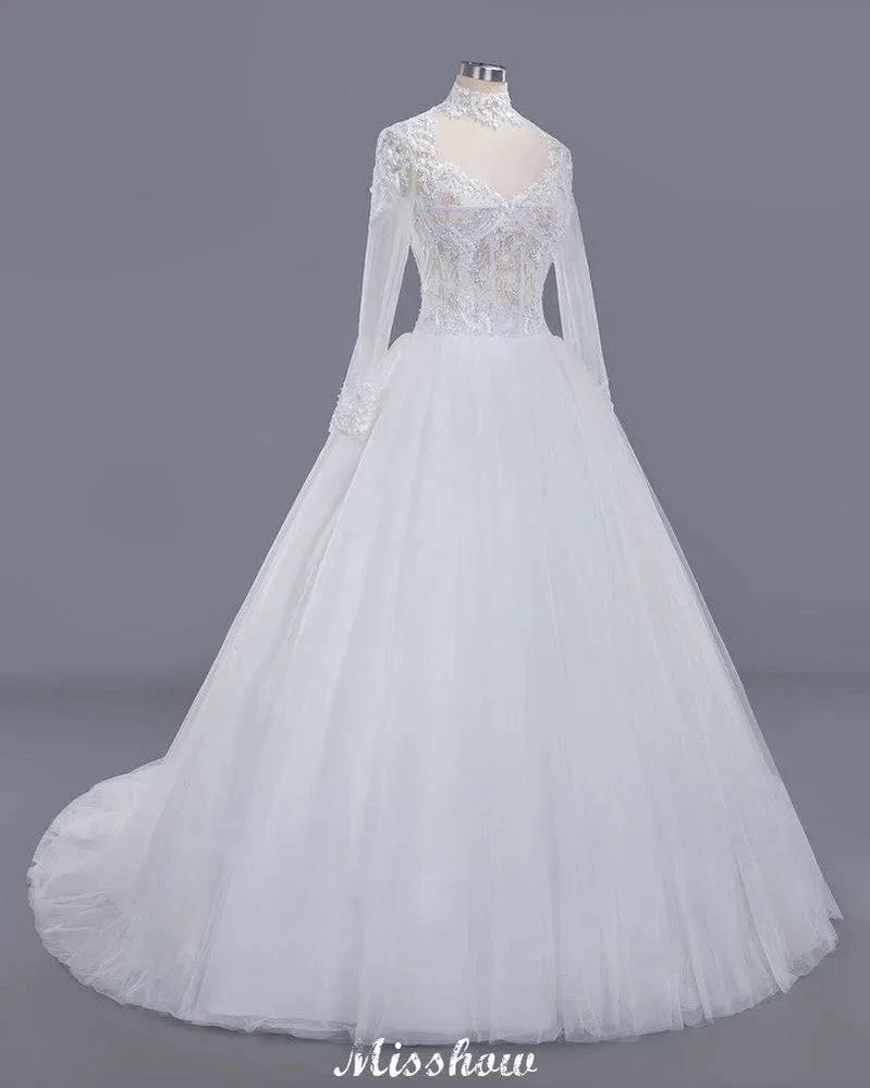 Elegant Tulle Lace Ball Gown High Neck Long Sleeves Floor Length Wedding Dress by misshow.com