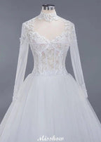 Elegant Tulle Lace Ball Gown High Neck Long Sleeves Floor Length Wedding Dress by misshow.com