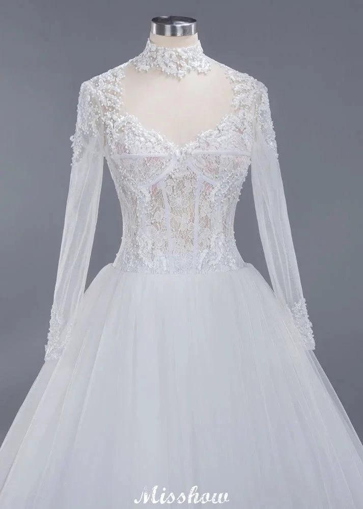 Elegant Tulle Lace Ball Gown High Neck Long Sleeves Floor Length Wedding Dress by misshow.com