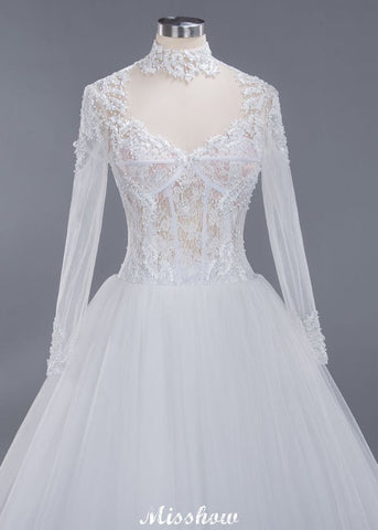 Elegant Tulle Lace Ball Gown High Neck Long Sleeves Floor Length Wedding Dress