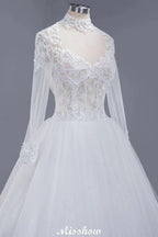 Elegant Tulle Lace Ball Gown High Neck Long Sleeves Floor Length Wedding Dress by misshow.com