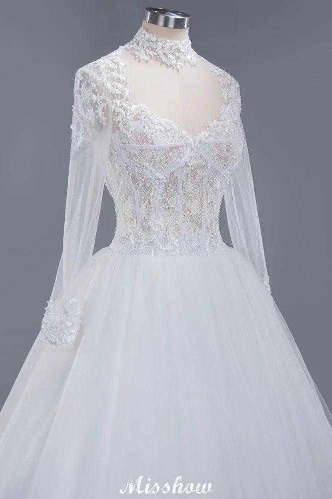 Elegant Tulle Lace Ball Gown High Neck Long Sleeves Floor Length Wedding Dress by misshow.com