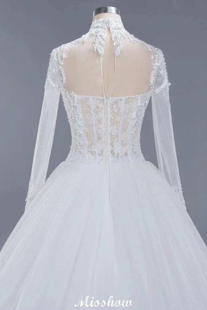 Elegant Tulle Lace Ball Gown High Neck Long Sleeves Floor Length Wedding Dress by misshow.com