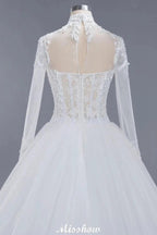 Elegant Tulle Lace Ball Gown High Neck Long Sleeves Floor Length Wedding Dress by misshow.com