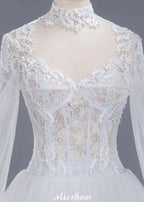 Elegant Tulle Lace Ball Gown High Neck Long Sleeves Floor Length Wedding Dress by misshow.com