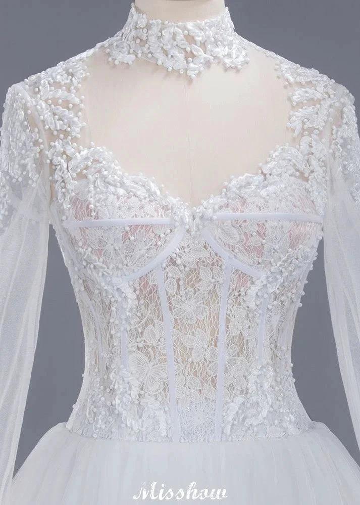 Elegant Tulle Lace Ball Gown High Neck Long Sleeves Floor Length Wedding Dress by misshow.com