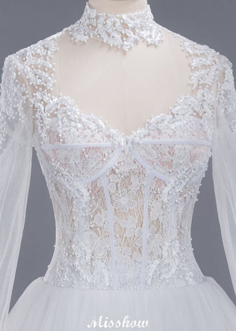 Elegant Tulle Lace Ball Gown High Neck Long Sleeves Floor Length Wedding Dress