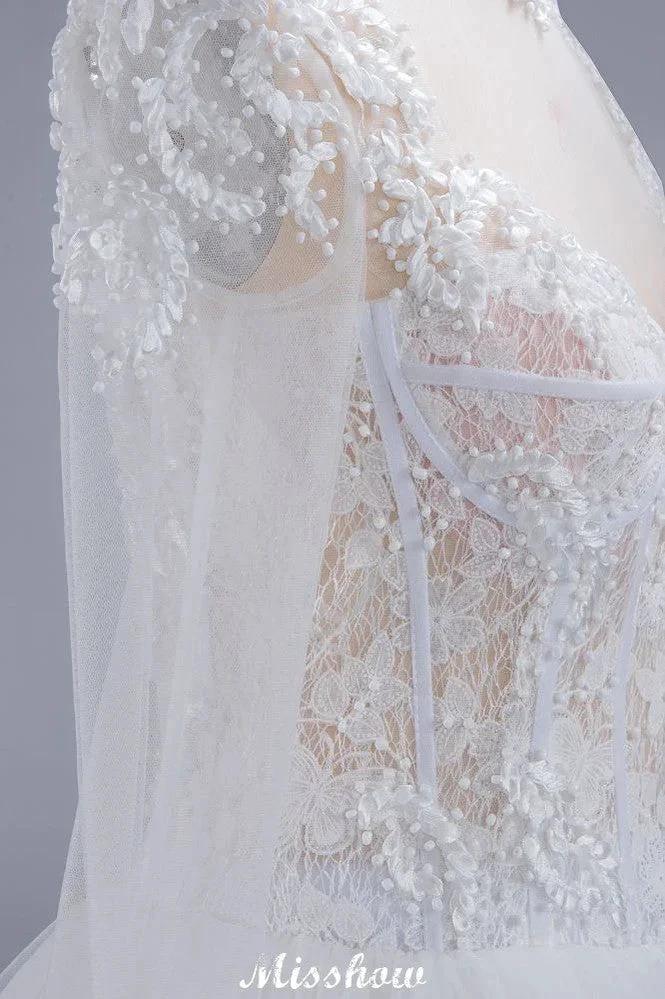 Elegant Tulle Lace Ball Gown High Neck Long Sleeves Floor Length Wedding Dress by misshow.com