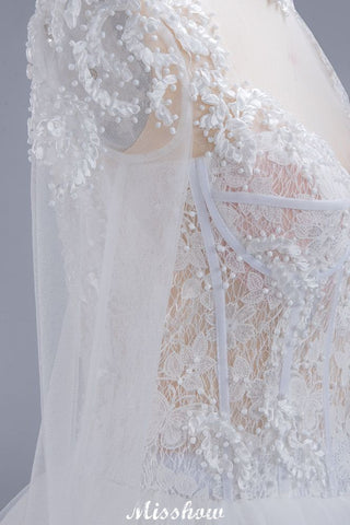 Elegant Tulle Lace Ball Gown High Neck Long Sleeves Floor Length Wedding Dress