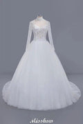 Elegant Tulle Lace Ball Gown High Neck Long Sleeves Floor Length Wedding Dress by misshow.com