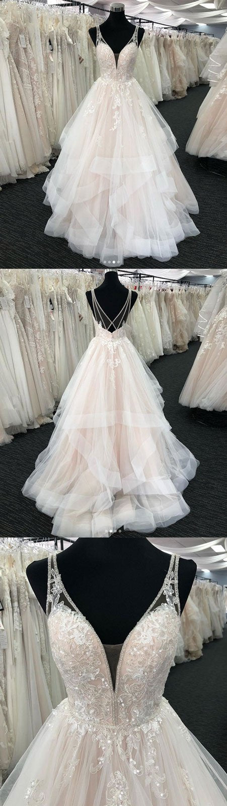Elegant Tulle V-Neck Wedding Dress Open Back Long Layered Bridal Gowns On Sale