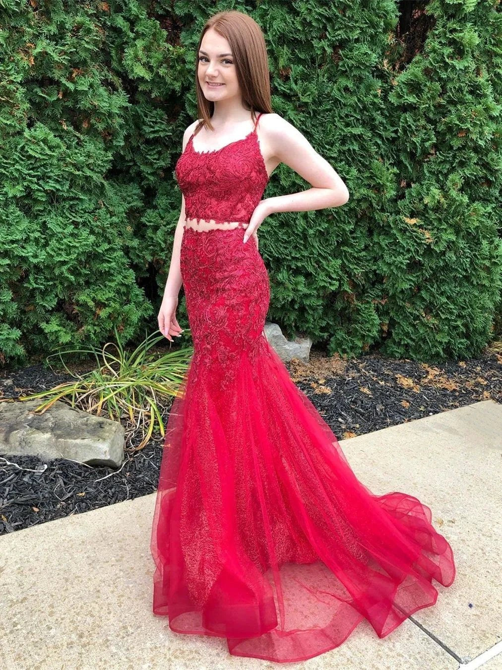 Elegant Two Pieces Mermaid Tulle Lace Long Formal Prom Dresses by BIZTUNNEL