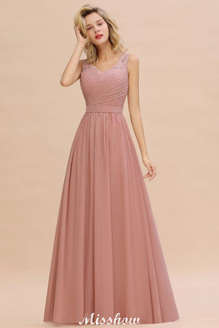 Elegante vestido largo de noche con escote en V y corte A para dama de honor, sin mangas.