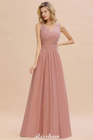 Elegante vestido largo de noche con escote en V y corte A para dama de honor, sin mangas.