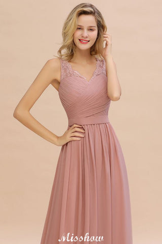 Elegante vestido largo de noche con escote en V y corte A para dama de honor, sin mangas.