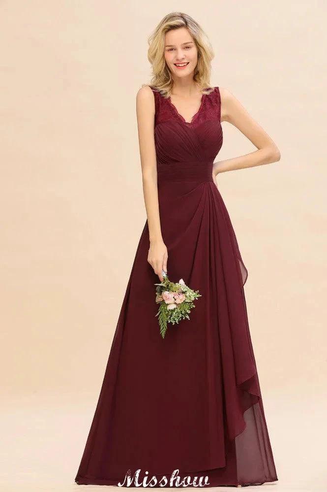 Elegant V-Neck aline Bridesmaid Dress Burgundy Backless Chiffon Party Dress by misshow.com
