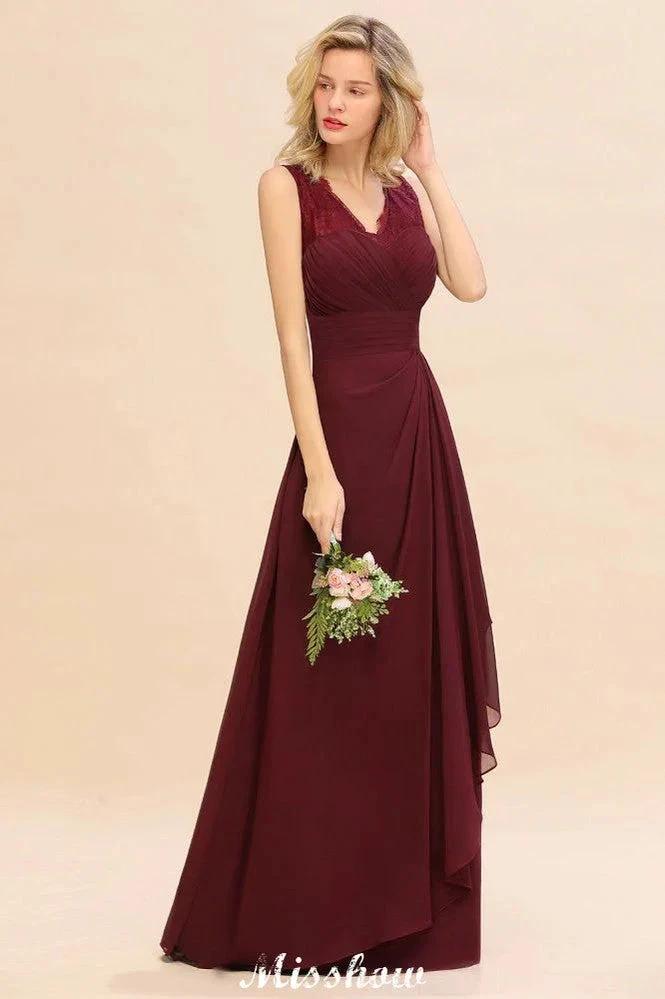 Elegant V-Neck aline Bridesmaid Dress Burgundy Backless Chiffon Party Dress by misshow.com