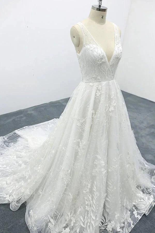 Elegant V-neck Appliques Tulle A-line Wedding Dress by misshow.com