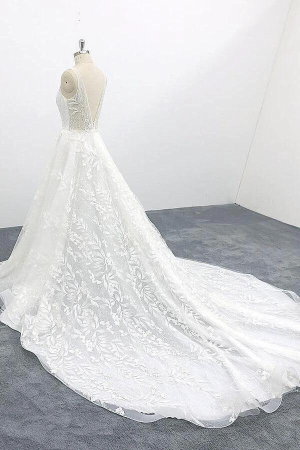 Elegant V-neck Appliques Tulle A-line Wedding Dress by misshow.com