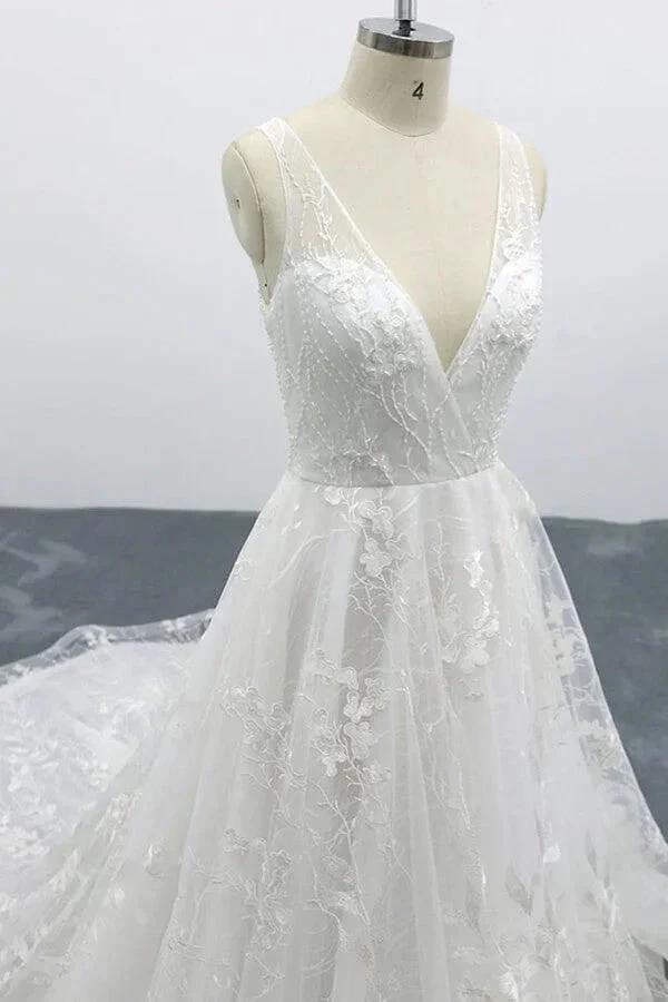 Elegant V-neck Appliques Tulle A-line Wedding Dress by misshow.com