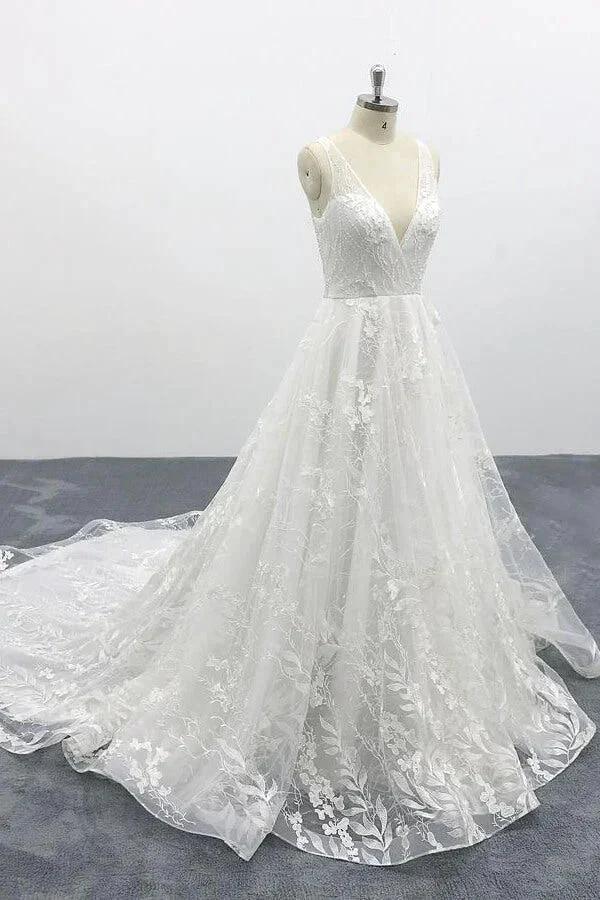 Elegant V-neck Appliques Tulle A-line Wedding Dress by misshow.com