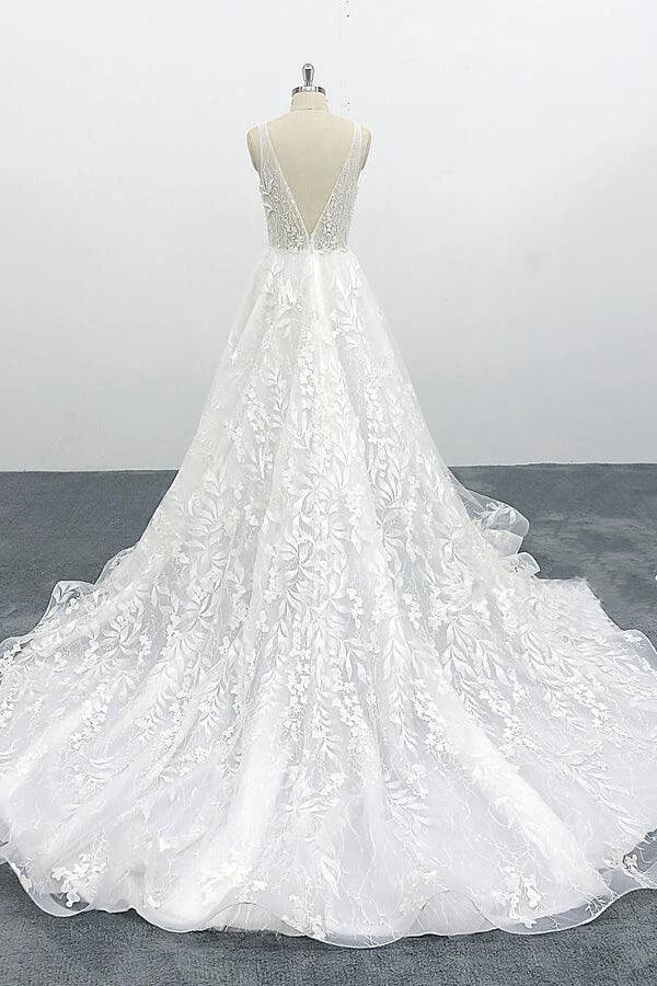 Elegant V-neck Appliques Tulle A-line Wedding Dress by misshow.com