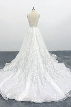 Elegant V-neck Appliques Tulle A-line Wedding Dress by misshow.com