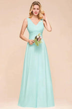 Elegant V-Neck Chiffon Bridesmaid Dress A-line Maxi Wedding Party Dress by misshow.com