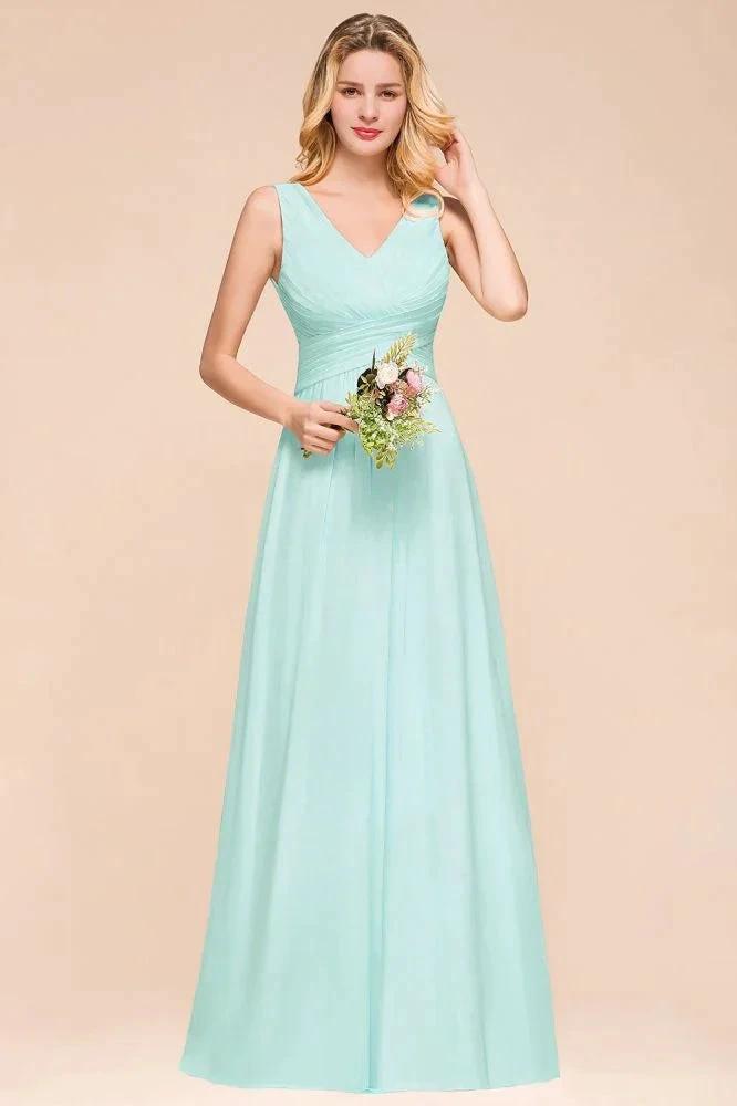Elegant V-Neck Chiffon Bridesmaid Dress A-line Maxi Wedding Party Dress by misshow.com