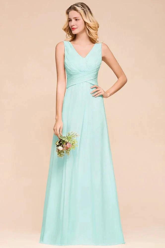 Elegant V-Neck Chiffon Bridesmaid Dress A-line Maxi Wedding Party Dress by misshow.com