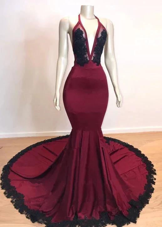 Elegant V-Neck Halter Mermaid Appliques Evening Gowns by misshow.com