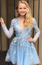 Elegant V-neck Lace Tulle A-line Short Prom Dress with Sleeves by BIZTUNNEL