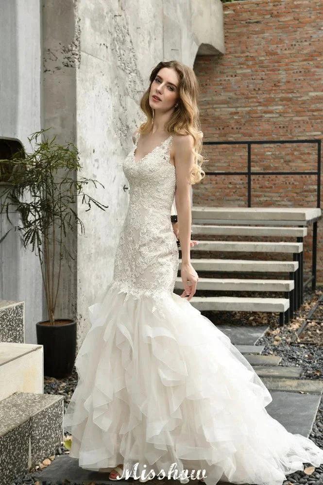 Elegant V-Neck Mermaid Bridal Gown Tulle Lace Appliques Puffy Wedding Dress by misshow.com