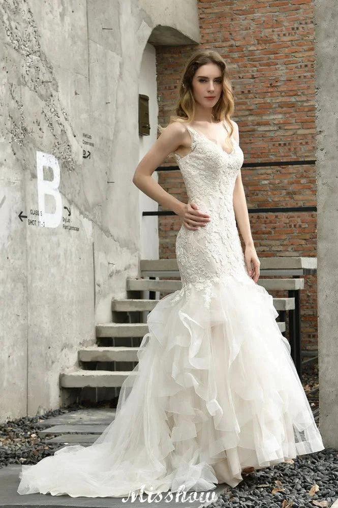 Elegant V-Neck Mermaid Bridal Gown Tulle Lace Appliques Puffy Wedding Dress by misshow.com