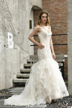 Elegant V-Neck Mermaid Bridal Gown Tulle Lace Appliques Puffy Wedding Dress by misshow.com