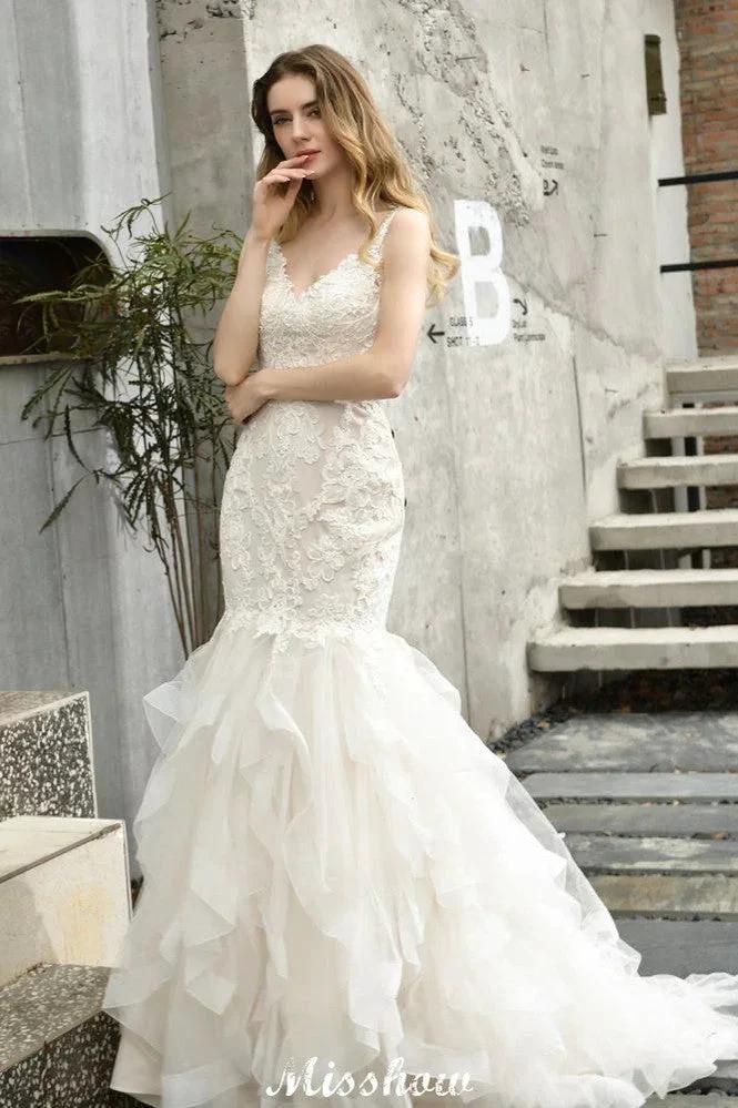 Elegant V-Neck Mermaid Bridal Gown Tulle Lace Appliques Puffy Wedding Dress by misshow.com